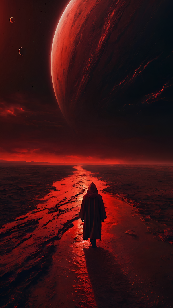 Hooded Figure Walking Beneath Giant Red Planet at Dusk