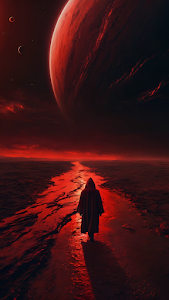 Hooded Figure Walking Beneath Giant Red Planet at Dusk