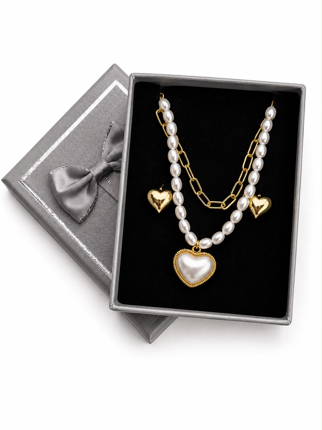 Set De Collar Perlas Con Cadena Doble Y Aretes Corazón