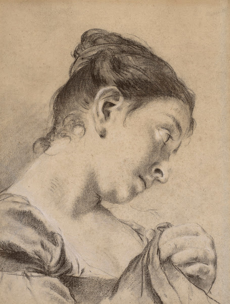 Head of a young girl seen in profile holding her dress in her left hand