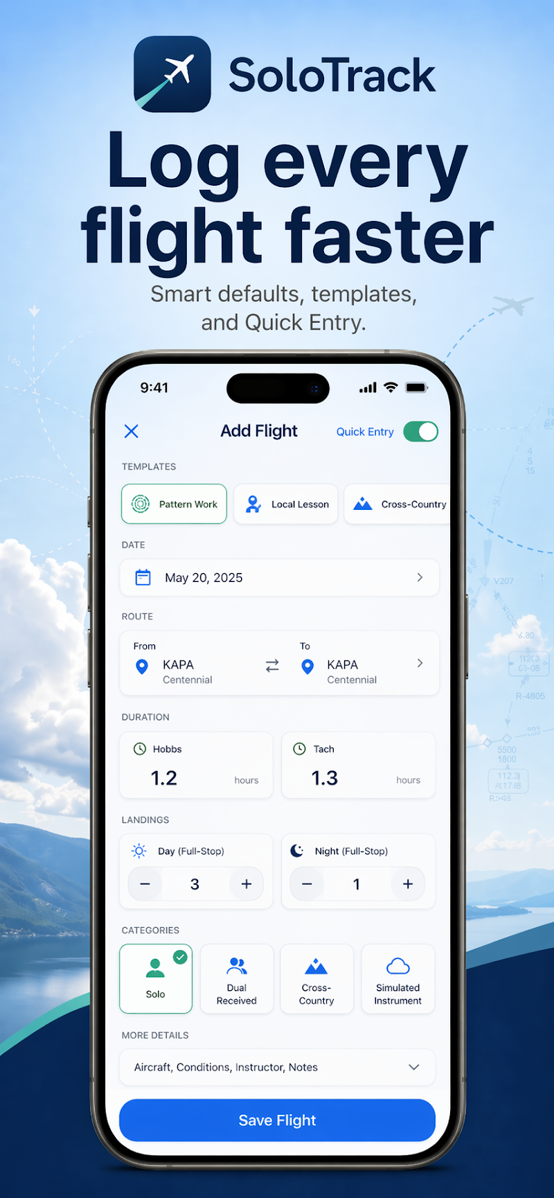 Add Flight screen with Quick Entry templates