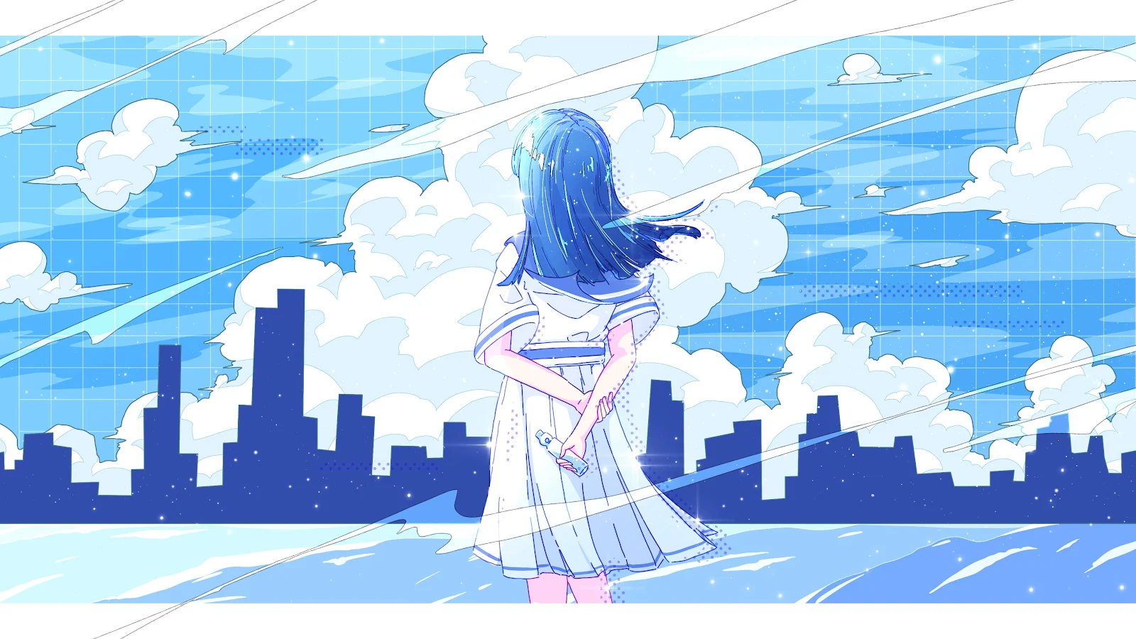 Sailor Girl Watching Blue Cityscape - Anime Digital Art 4K Wallpaper (3840x2160)