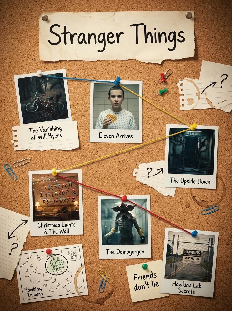 Genera un diseño de tablero de corcho limpio y cinematográfico de 1080×1080 que resume visualmente la historia de la película utilizando...