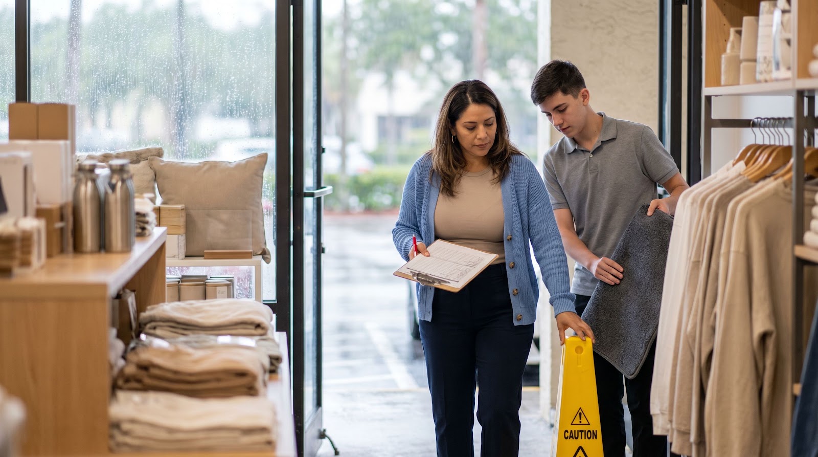 Florida commercial liability slip and fall rain prevention steps inside a small business entryway