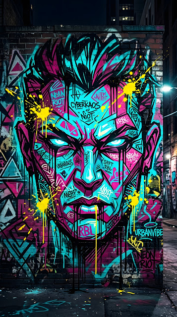Vibrant Urban Graffiti Illustration of a Stylized Face with Abstract Splatters - Free mobile Wallpaper