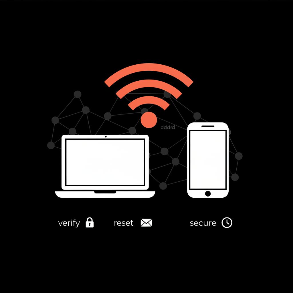 Minimal flat-vector infographic of a laptop and smartphone with a highlighted Wi‑Fi signal and subtle network map, illustration to help recover google account.