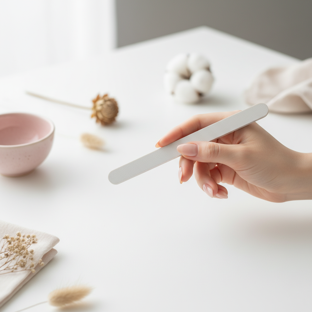 Nahaufnahme einer Hand, die einen Nagel feilt auf weißem Tisch mit pastellfarbenen Accessoires – Welche Nagelform macht Hände schlanker