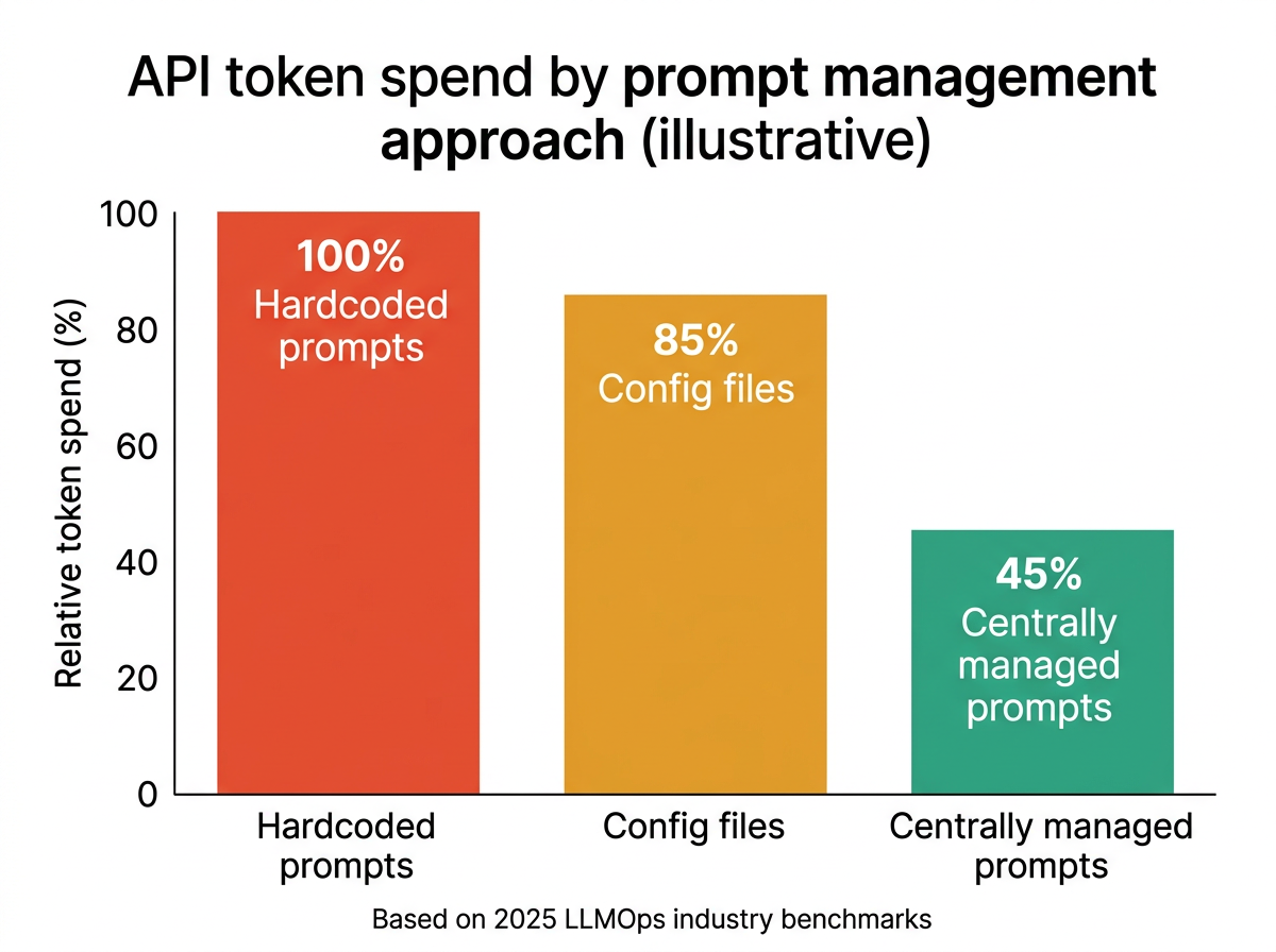 Bar chart showing API token spend by prompt management approach: hardcoded at 100%, config files at 85%, centrally managed at 45%
