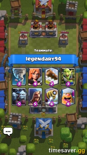 Clash Royale 2v2 teammate deck preview showing a partner's eight cards before a 2v2 match