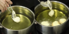 Bắc chảo ngập dầu lên bếp, khi dầu nóng đều thì dùng hai cái thìa để múc bột và gạt bột thành từng viên tròn. Khi bánh chiên vàng đều thì vớt ra để ráo trên giấy thấm dầu. Các bạn có thể dùng ngay hoặc phủ thêm một lớp đường bột để thêm phần hấp dẫn.
