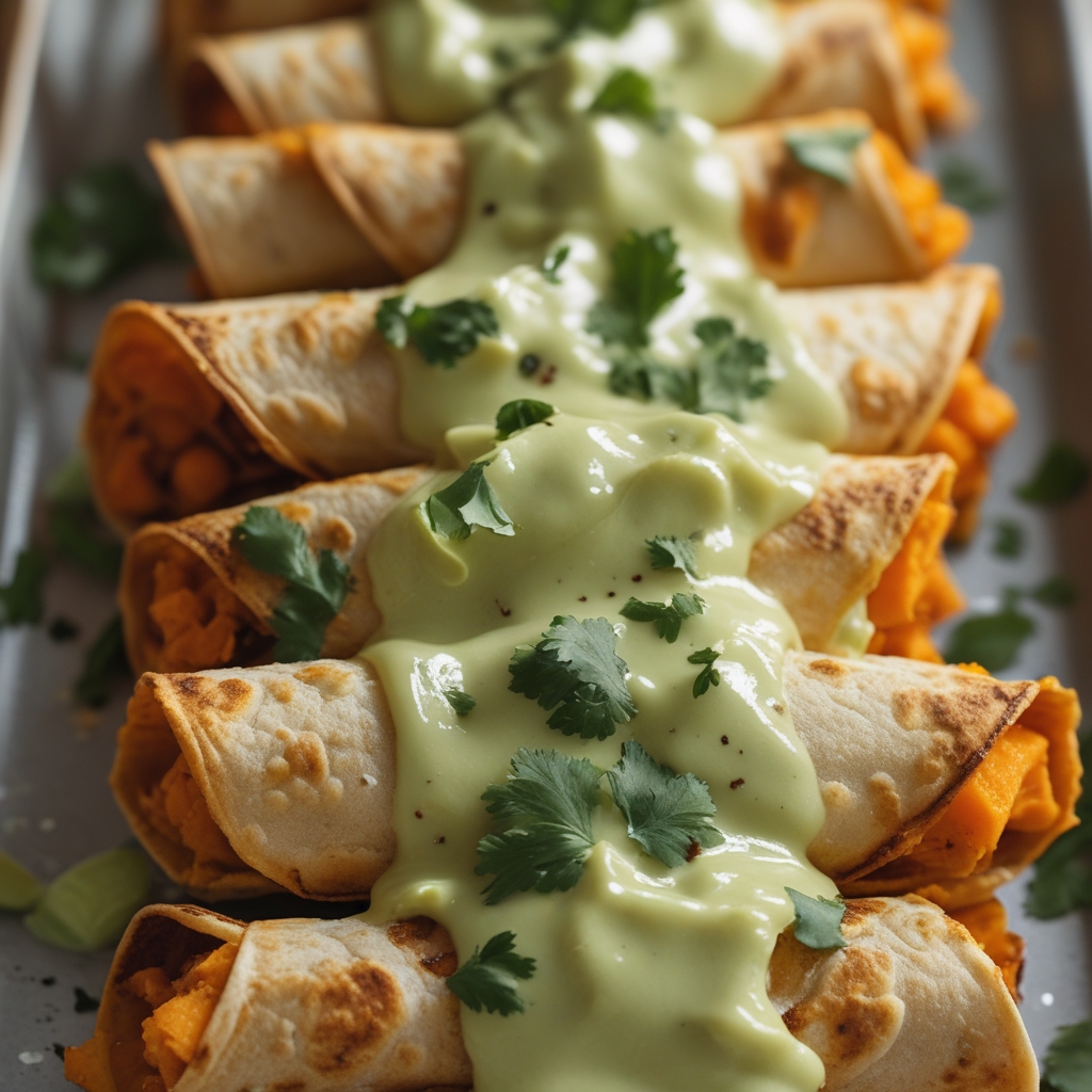 Final Crispy Chickpea‑Sweet Potato Taquitos with Creamy Avocado Lime Sauce