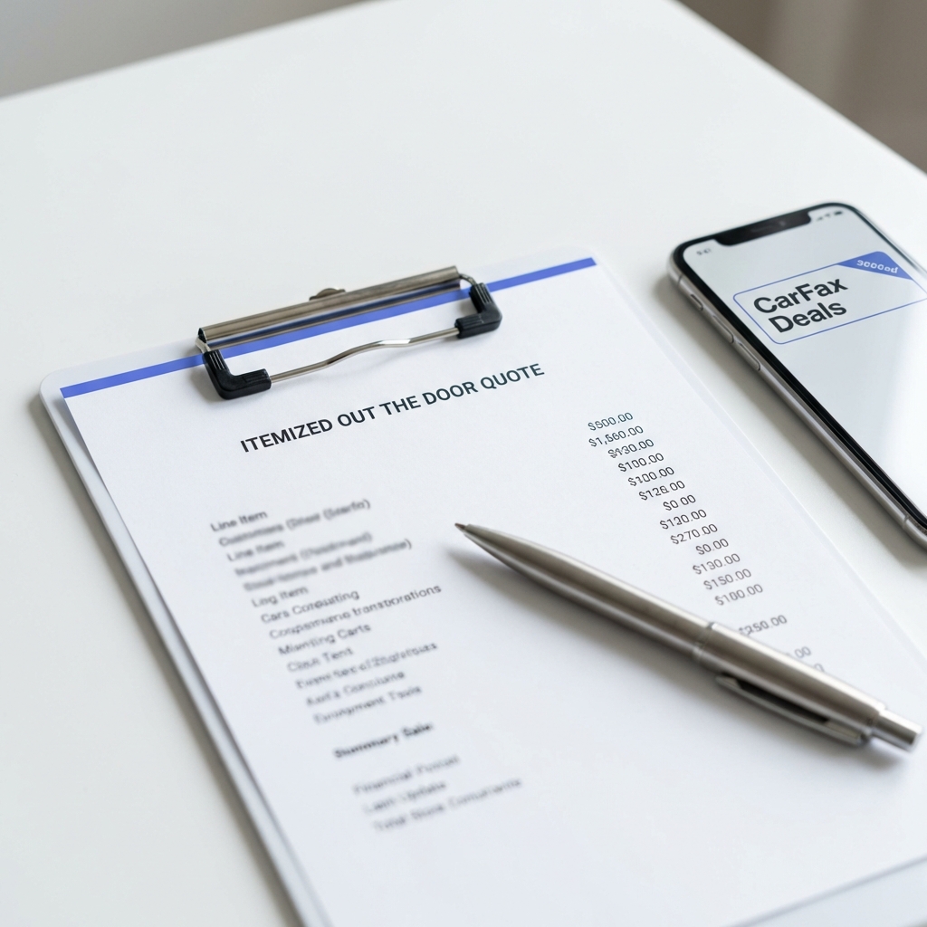 Close up clipboard with itemized out the door quote and pen beside smartphone showing CarFax Deals price label on white table how to negotiate car price