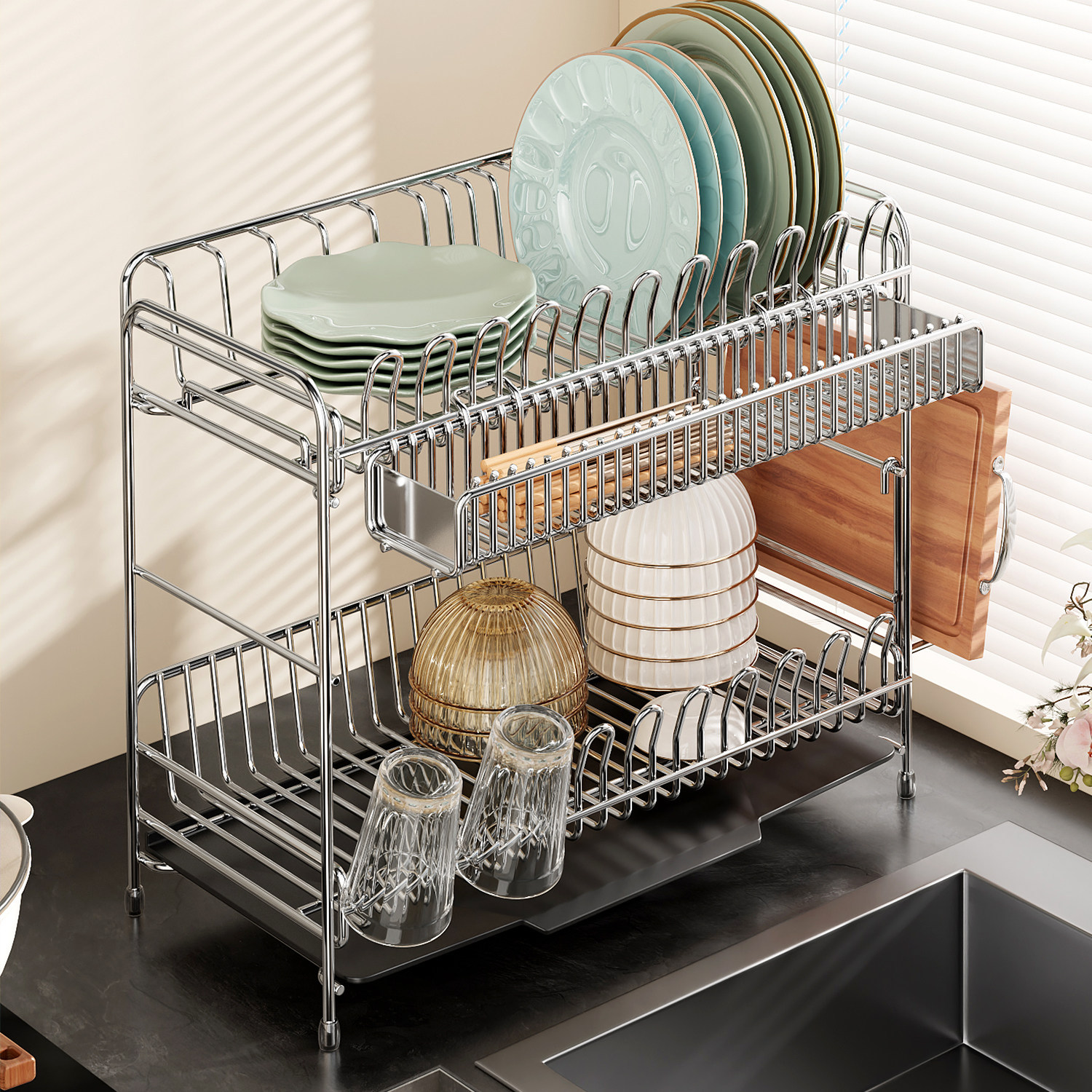 Stainless Steel Dish Rack with Draining Basket, 1–2 Tiers