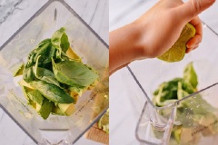 Bơ thái nhỏ. Làm nước sốt: Trộn bơ, dầu olive, tỏi, ớt sừng, rau chân vịt vào cối xay, chanh cắt đôi vắt lấy nước cốt vào máy xay, nhấn máy xay để xay mịn. Nếu nước sốt quá đặc, hãy thêm một ít nước vào hỗn hợp. Thêm muối, tiêu.