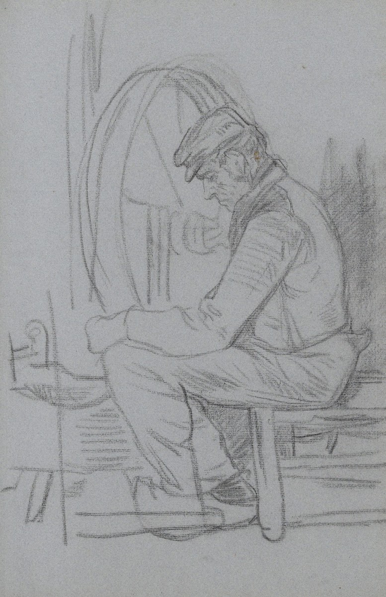 Interieur met een boer bij een rad vermoedelijk van een werktuig 1874   1925