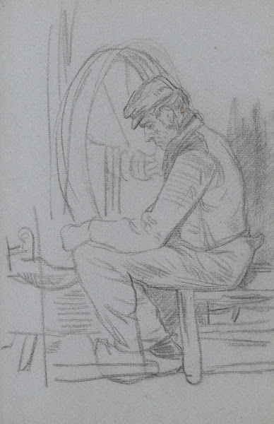 Interieur met een boer bij een rad vermoedelijk van een werktuig 1874   1925