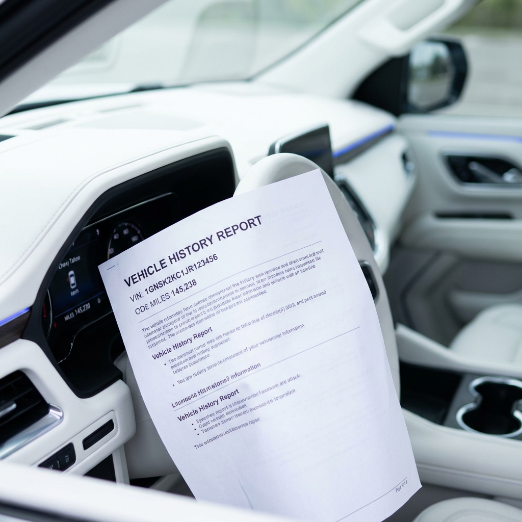 Close full frame photo of a vehicle history report with visible VIN beside a chevy tahoe for sale odometer in a clean white minimalist setting