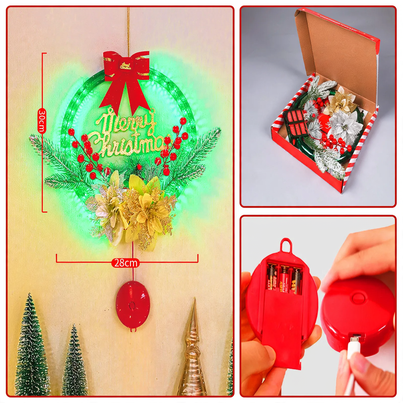 Glowing Christmas wreath with Merry Christmas inscription