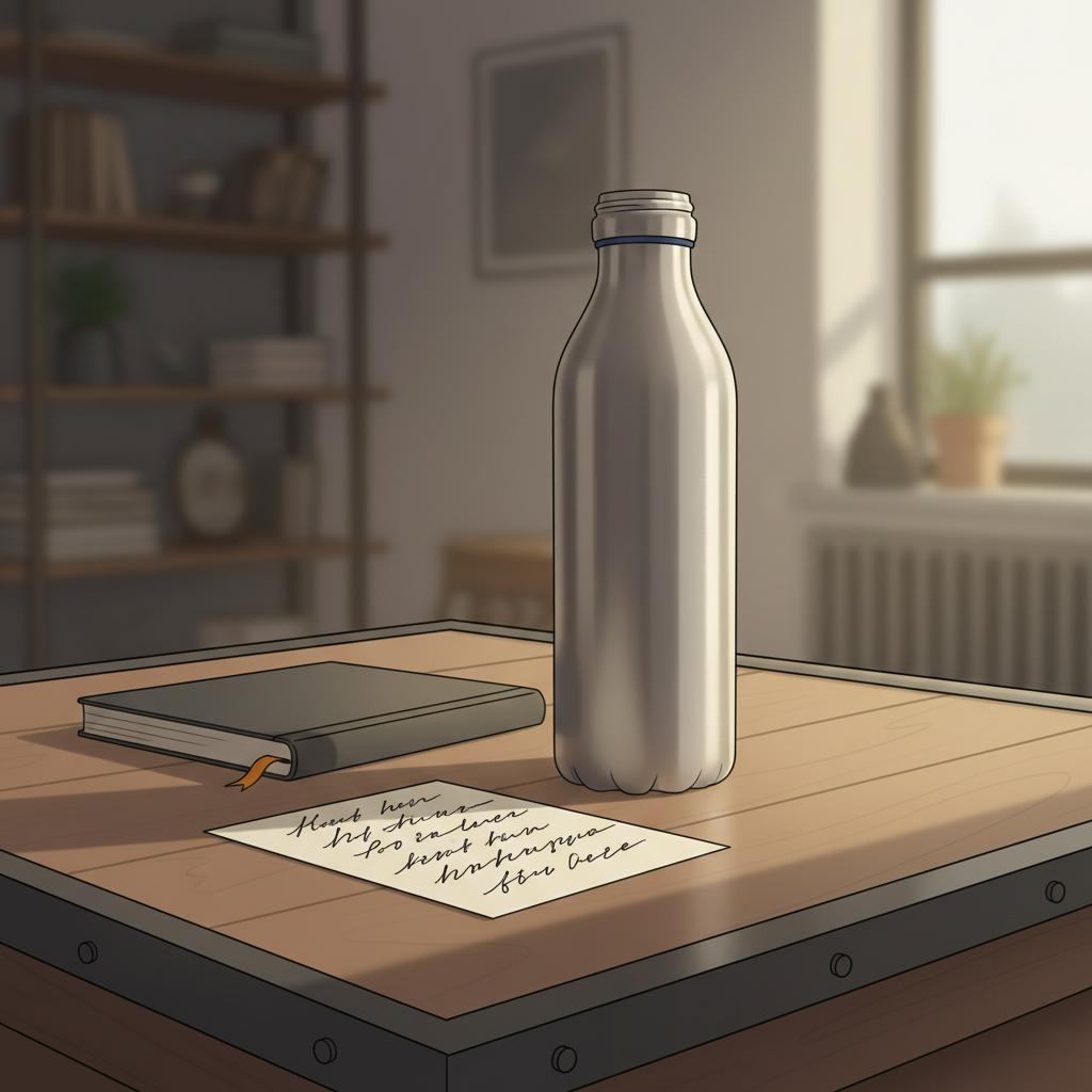 Detailaufnahme eines handschriftlichen Kärtchens neben einer Edelstahl-Trinkflasche und einem Notizbuch auf Holztisch, warmes Licht, minimalistische 2D-Vektor-Illustration, Geschenkideen