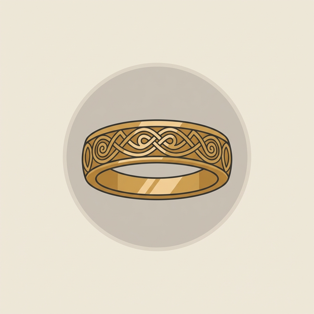 Minimalist 2D vector of an ancient order of hibernians ring centered on soft beige background ede7da with gold accents ae8339 and charcoal outlines