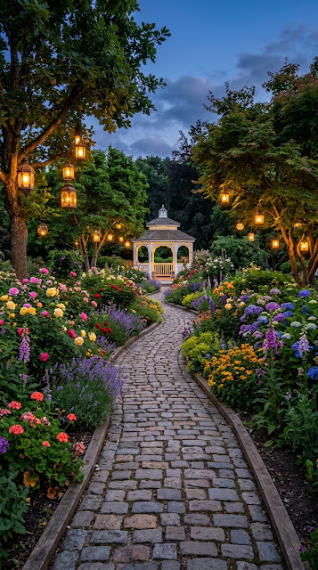 Charming Garden Cobblestone Path with Gazebo and Hanging Lanterns - Free mobile Wallpaper
