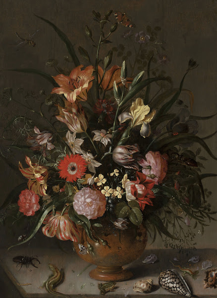 Bouquet of flowers in a vase insects and tiny creatures 1634
