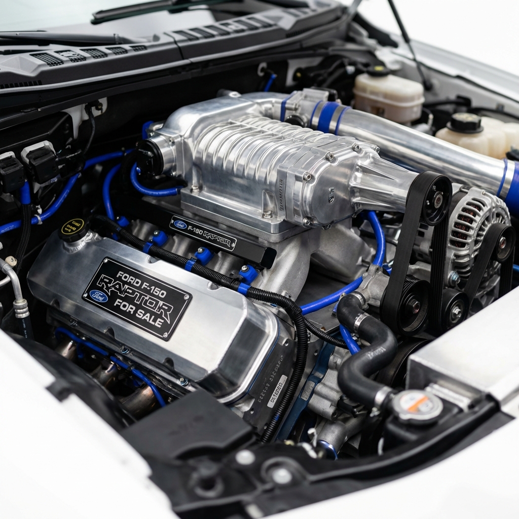 Close up of a supercharged V8 engine bay with clear ford f150 raptor for sale badging on valve cover against a minimalist white background