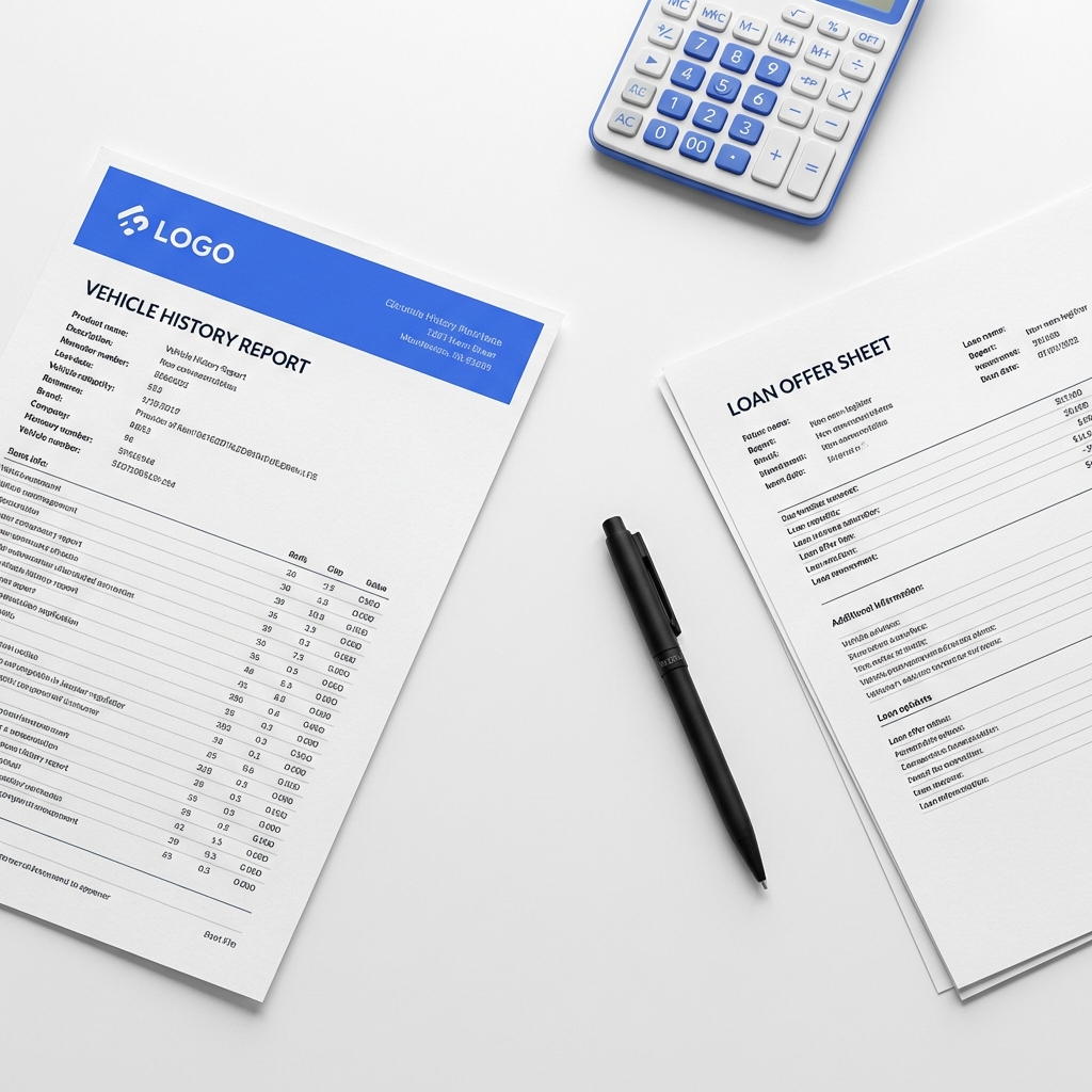 Top down photo of a minimalist desk with a vehicle history report a loan offer a calculator with blue 3666ed buttons and a pen showing a financing comparison Is it better to finance through a bank or dealer