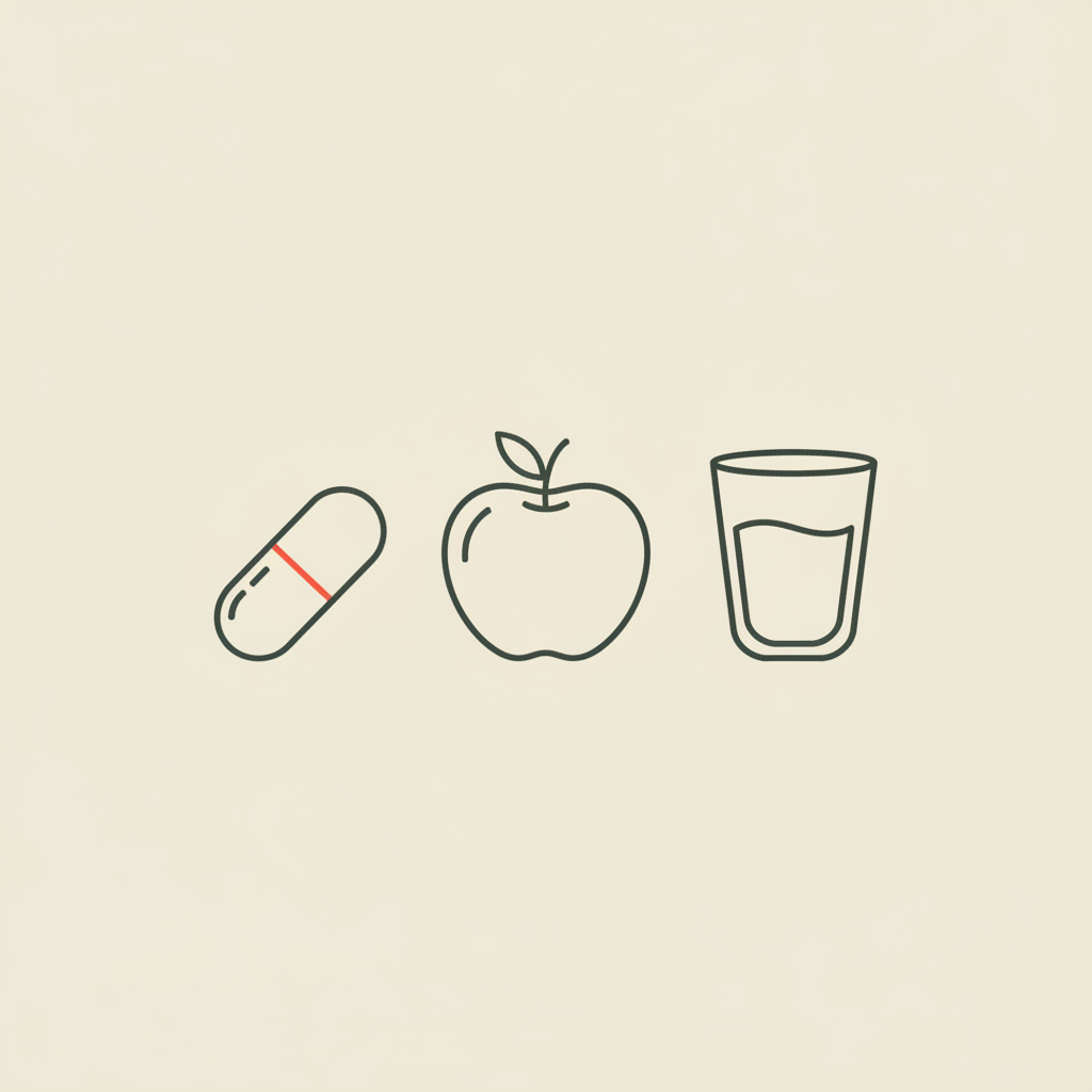 Minimalist Tonum-style line illustration of a capsule beside an apple and water glass on beige background, representing apple cider vinegar pills help with weight loss.