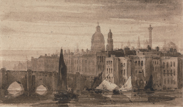 Old London Bridge and St Pauls Cathedral From the Thames ca 1808