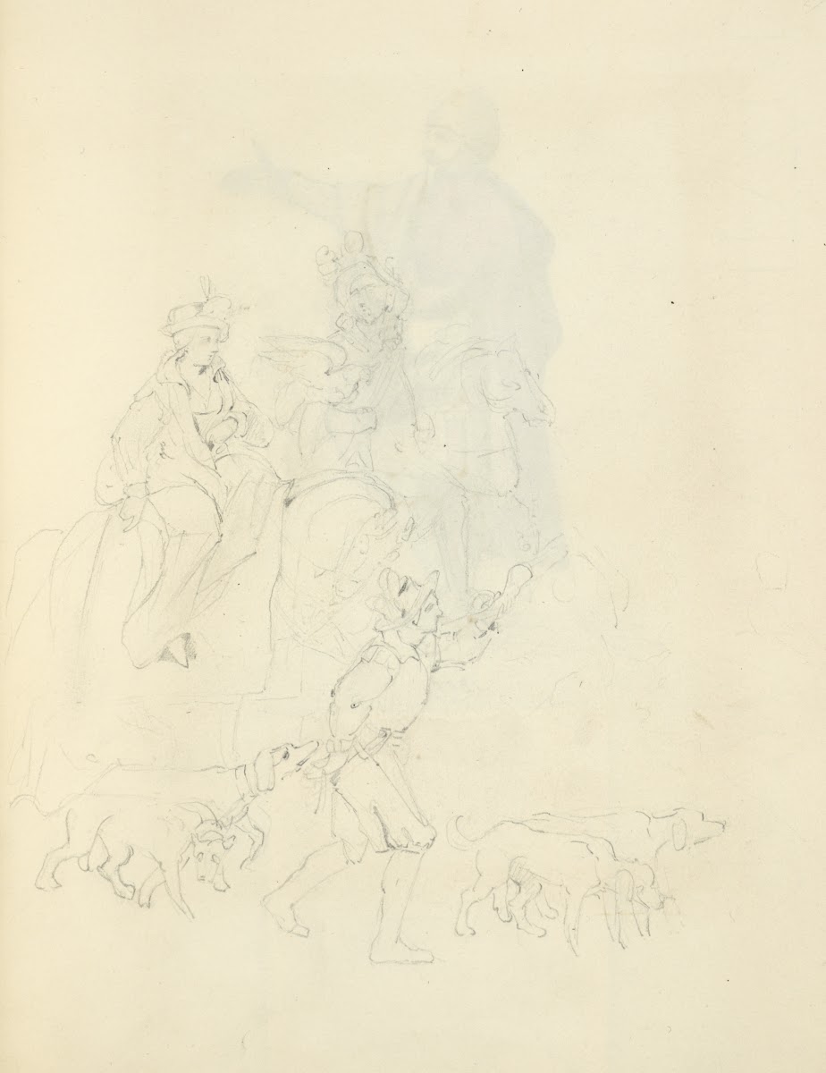 A man on horseback with a falcon a man on foot and four dogs 1840