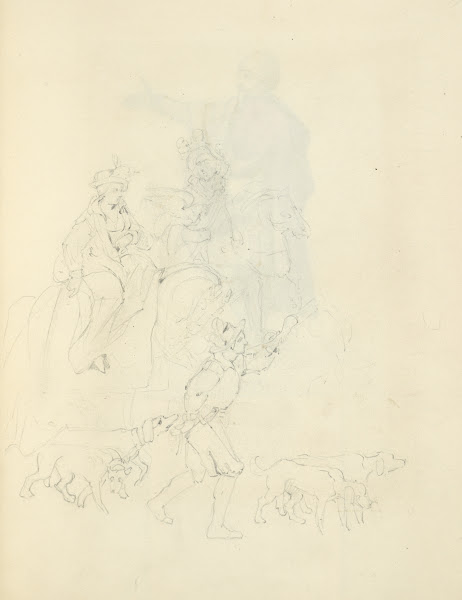A man on horseback with a falcon a man on foot and four dogs 1840