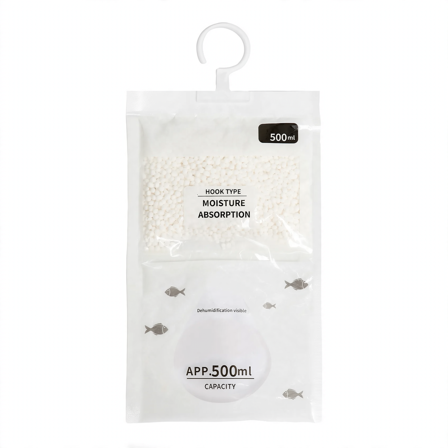 Hanging dehumidifying bag for closets and living spaces