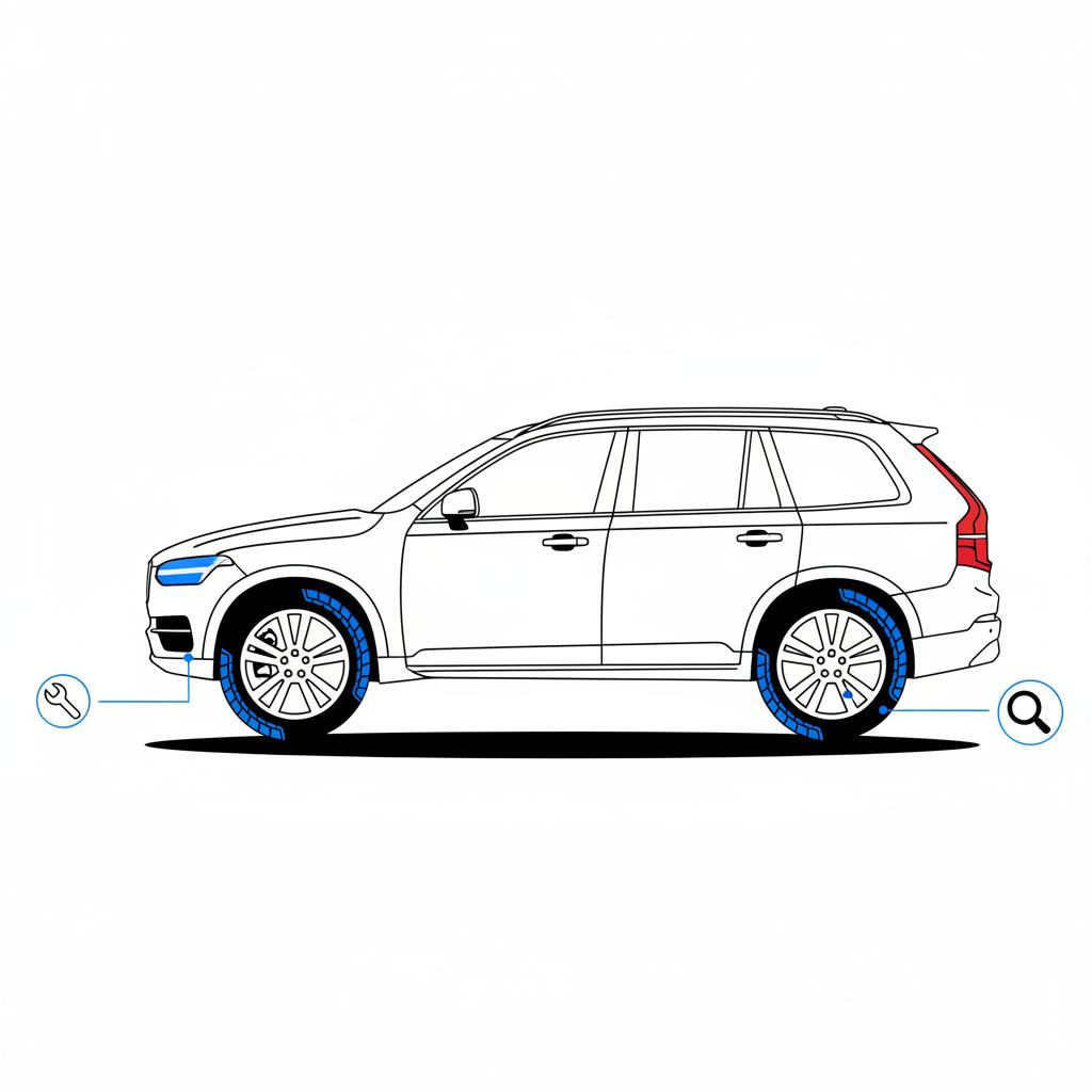 Minimal 2D vector side profile of a Volvo XC90 showing uneven tire wear and highlighted suspension area with wrench and magnifier icons xc90 volvo price