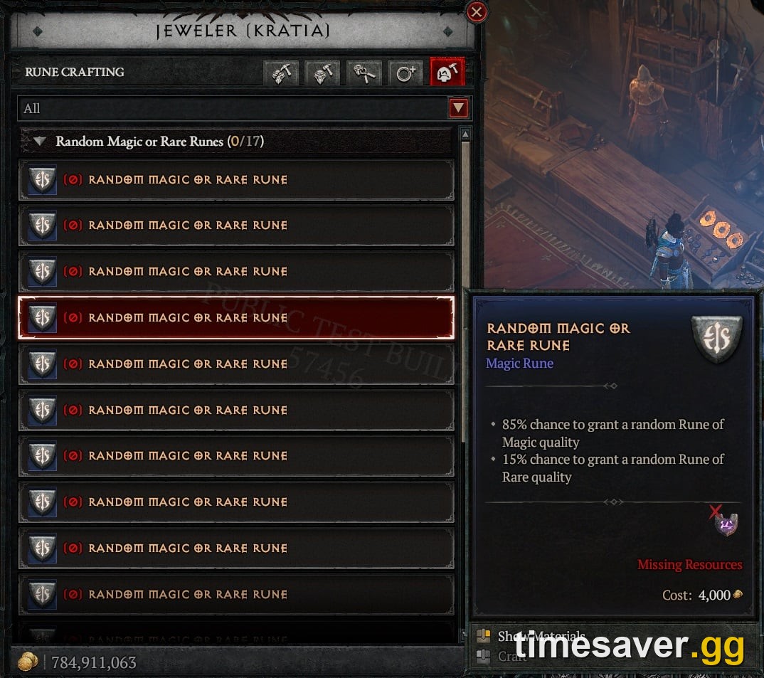 Diablo 4 Jeweler NPC rune crafting interface showing the Mythic Unique recipe tab