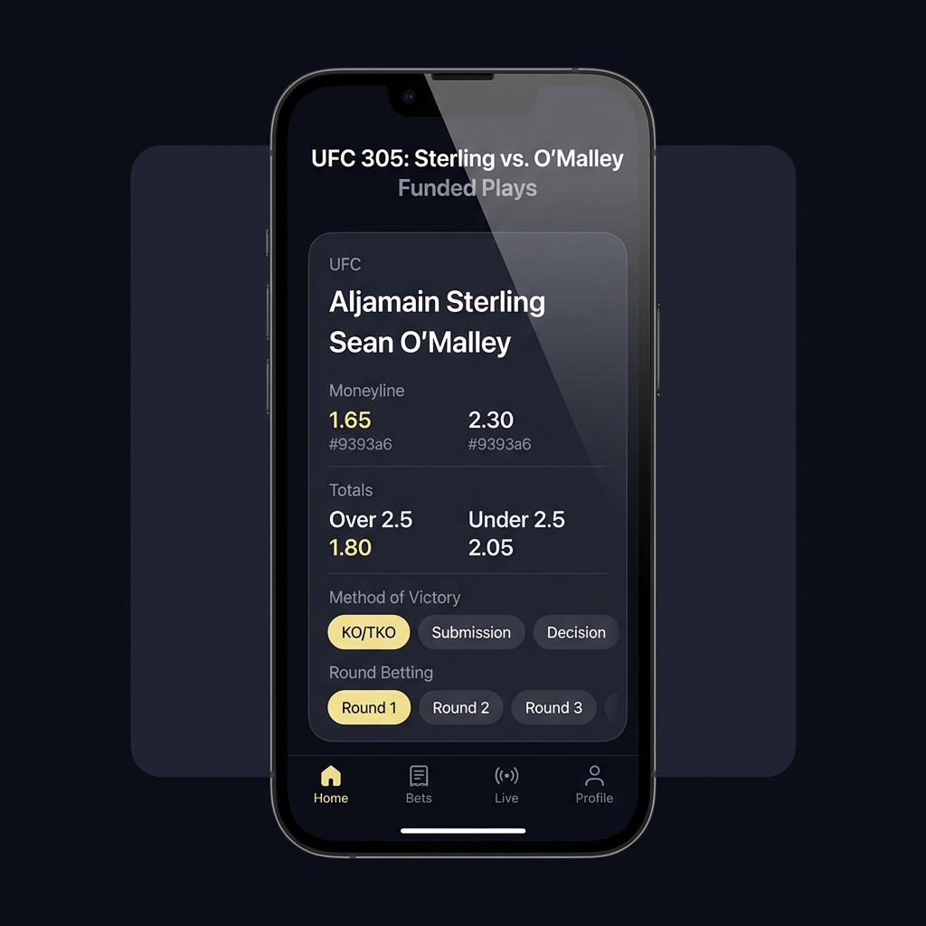 Close up smartphone event card showing UFC fight odds and common props on a minimalist Funded Plays style app UI for online mma betting