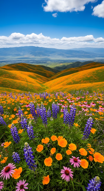 Superbloom Flowers Over Orange and Green Hills - Free mobile Wallpaper