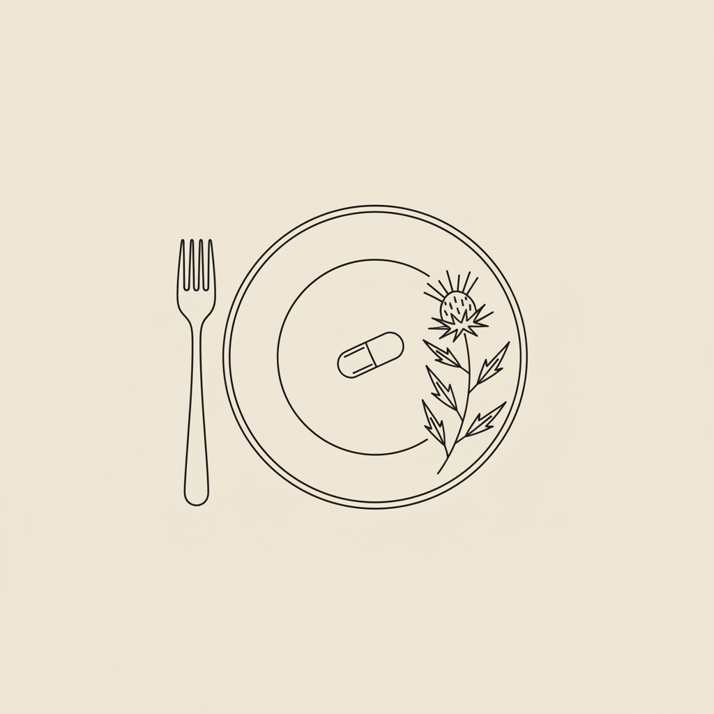 Minimal line illustration of a plate with fork, a capsule and milk thistle sprig on beige background representing four holistic needs