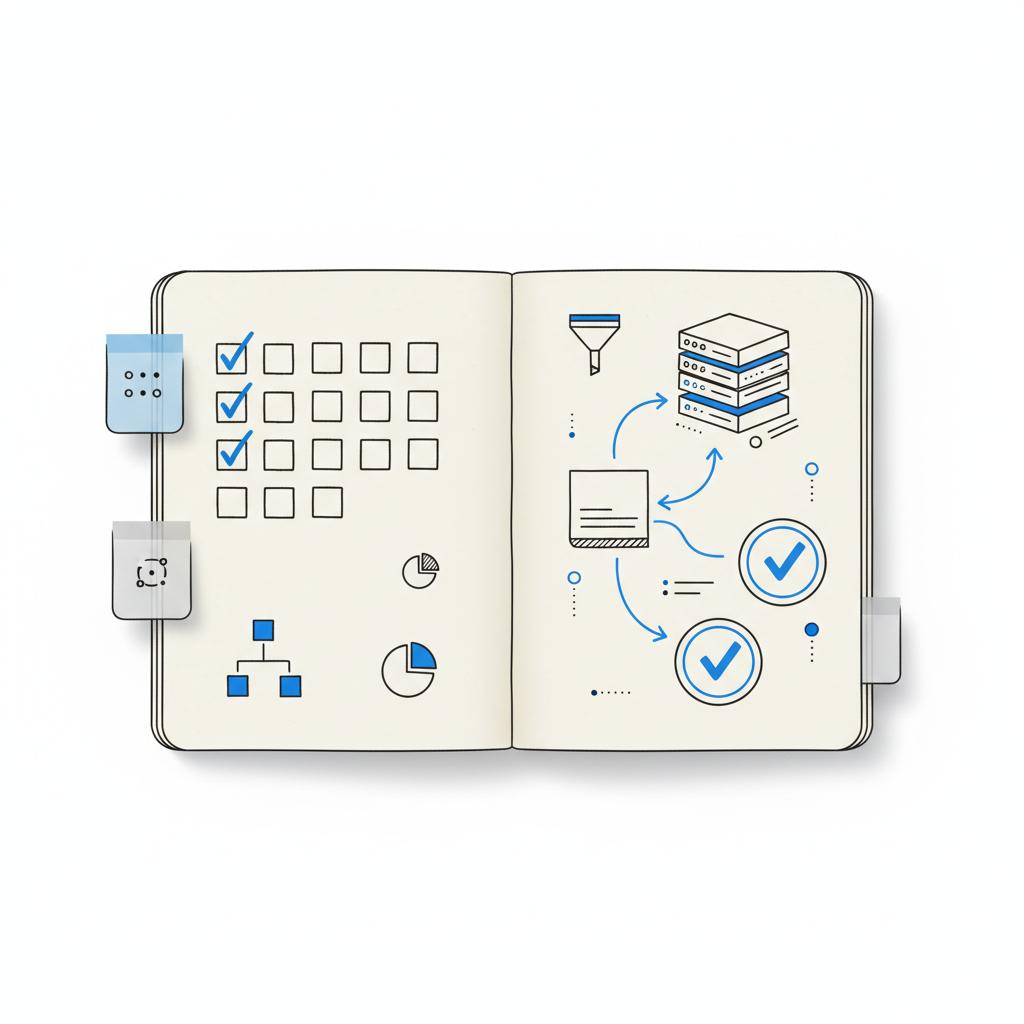 Overhead 2D vector sketch of CPA marketing measurement checklist with server-side logs, postback arrows, verification stamps, and sticky-note ideas in Agency Visible colors