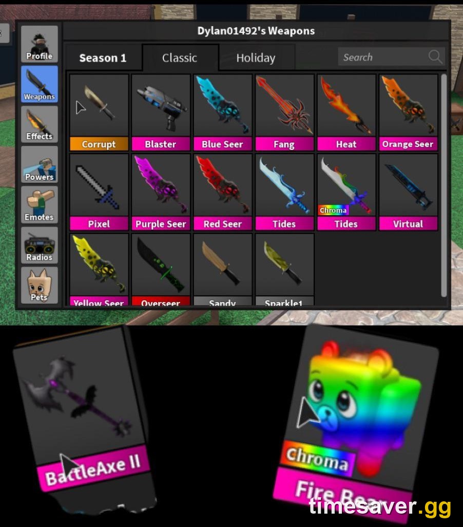 A Murder Mystery 2 in-game weapons inventory showing Seer godly variants (Blue, Red, Purple, Orange, Yellow Seer), a Chroma knife and BattleAxe II — the kind of collection traded through MM2's own trade window.
