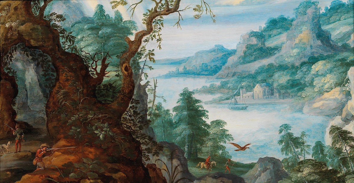 A mountainous landscape with huntsmen
