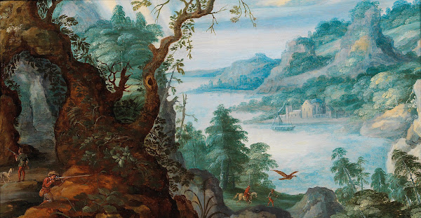 A mountainous landscape with huntsmen