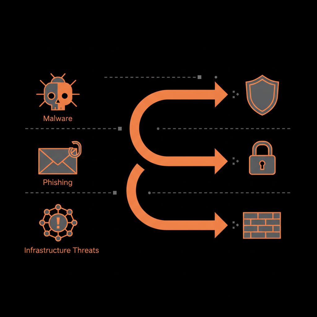 Minimal vector threat-model flowchart showing adversary types mapped to protections on a black background with gray elements and orange accents — top secret messenger