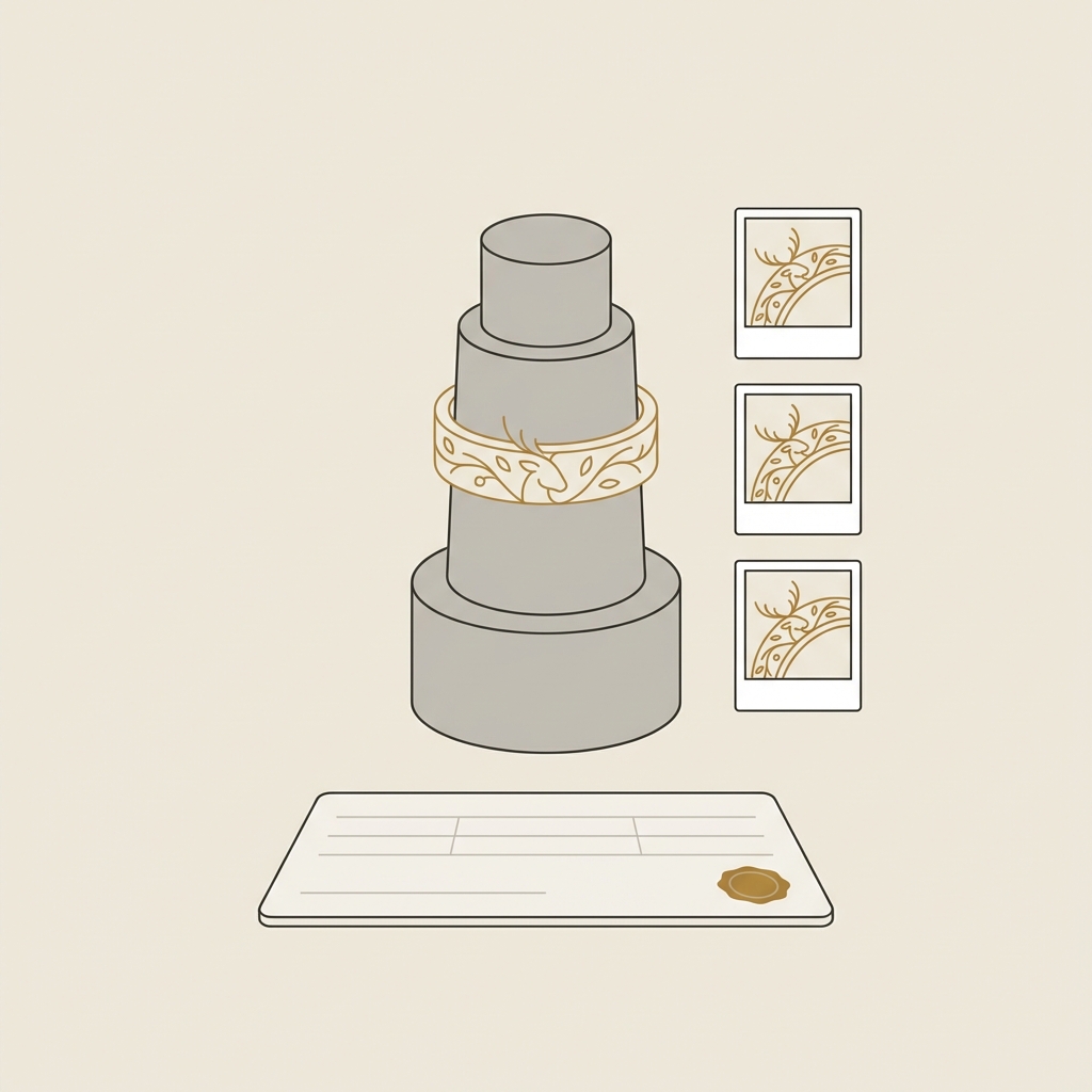 Minimalist 2D vector of a faun engraved ring on a sizing mandrel next to three condition photographs and a provenance sheet in Aurora Antiqua colors