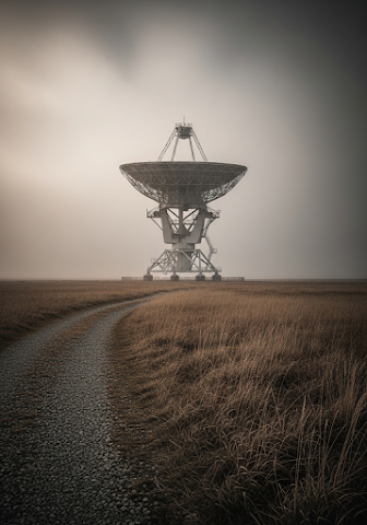 Eerie Satellite Dish Foggy Field