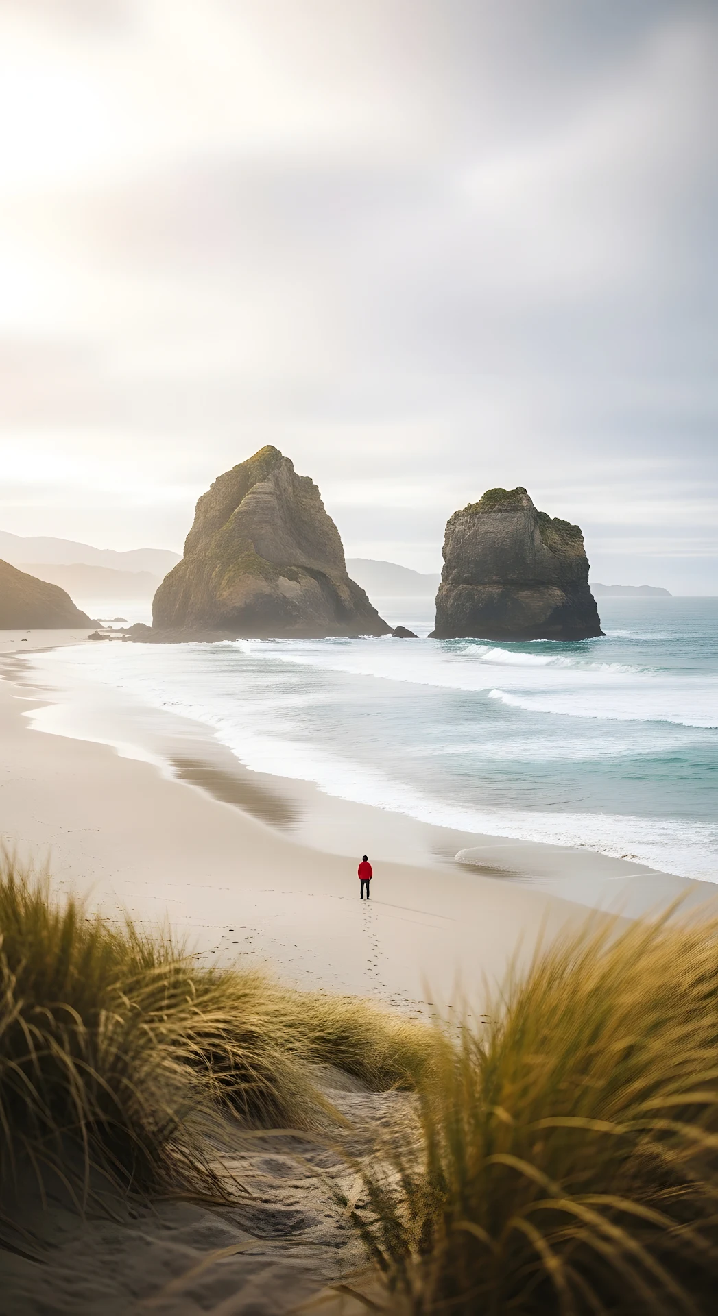 Solitude on the Misty Beach with Massive Sea Stacks - Free 4K mobile Wallpaper