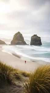 Solitude on the Misty Beach with Massive Sea Stacks