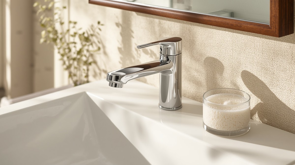 How to Warm Up Chrome Bathroom Accessories With Natural Wood - chrome wood textile and neutral color palette mood board