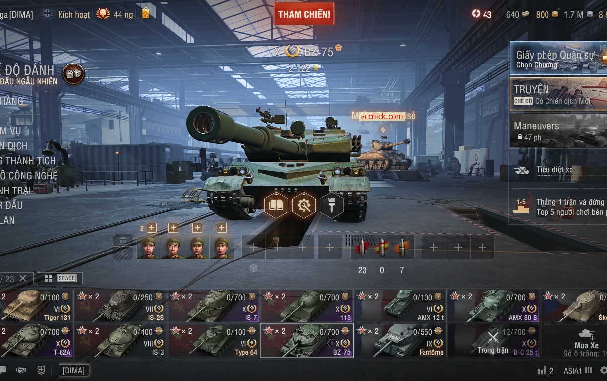 Acc World of Tanks PC gồm 6 tank X BZ-75, 113, IS-7, T-62A,...