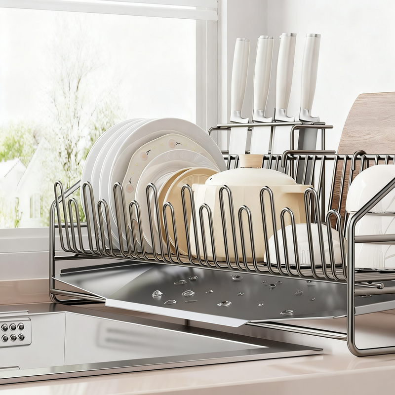 Dish rack with draining tray, expandable, steel frame